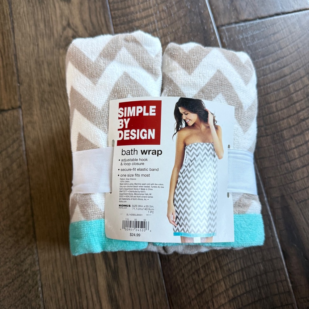 Simple By Design Womens Bath Wrap Gray Chevron Turquoise Trim 100% Cotton NWT
